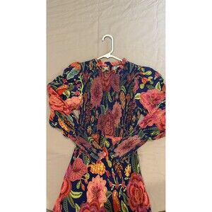 FARM Rio Macaw Bloom Floral Smocked Mock Neck Juliet Sleeve Dress size S